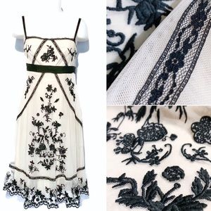 BCBG Gorgeous Ivory Black Embroidered Dress LG